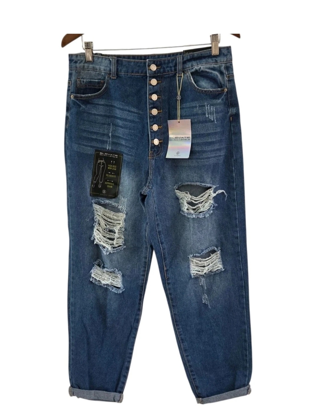 Elite Jeans High Rise Mom Jean Distress Buttonfly Womens Size 13/31 New NWT